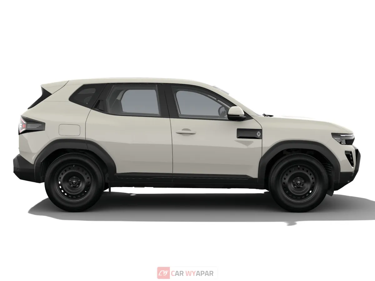 Profile view of the Renault Duster Authentic base trim in Sandstone white with black steel wheels and unpainted door handles.
